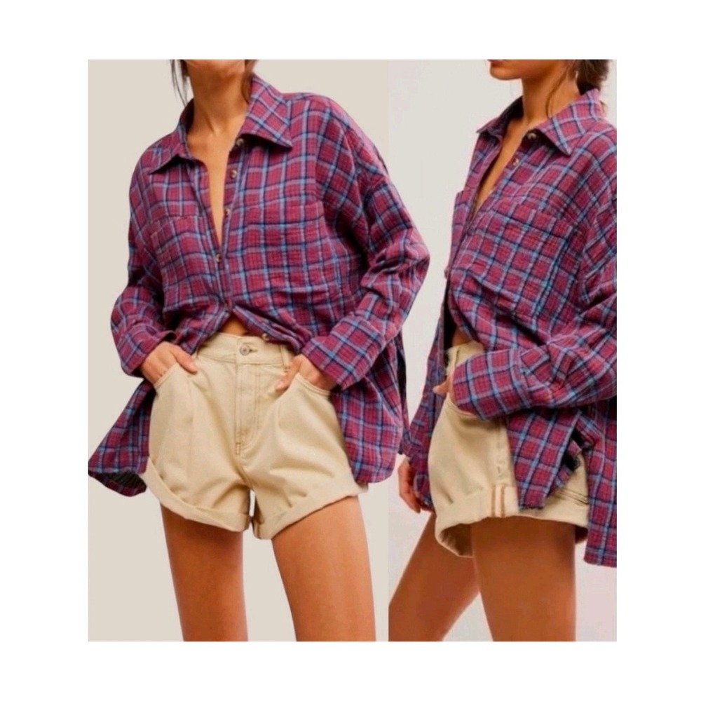 Free People We The Free Cardiff Plaid Top Size XS Purple Oversized Bohemian